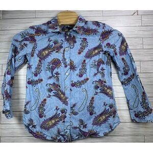 Talbots Women's Sz Med Blue Large Paisley Long Sleeve Button‎ Up Cotton Blouse